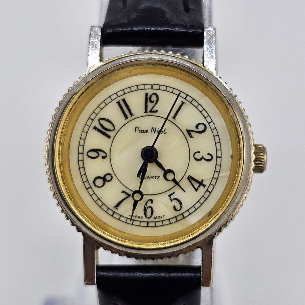 VTG Pierre Nicol Women Watch 24MM Cream Dial New Black Leather Bands New Battery